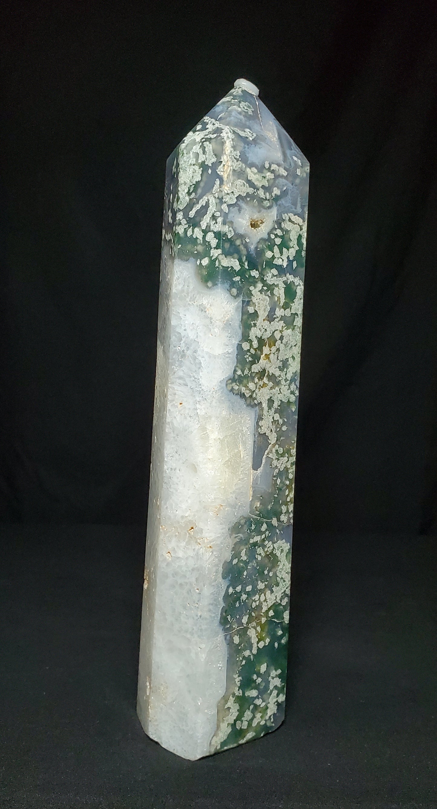 Druzy Moss Agate Tower with Quartz