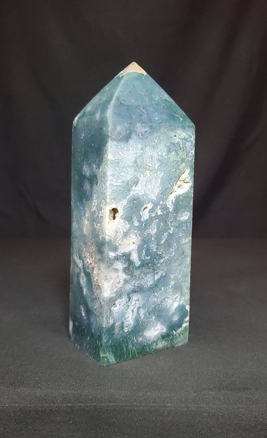 Druzy Moss Agate Tower with Rainbow