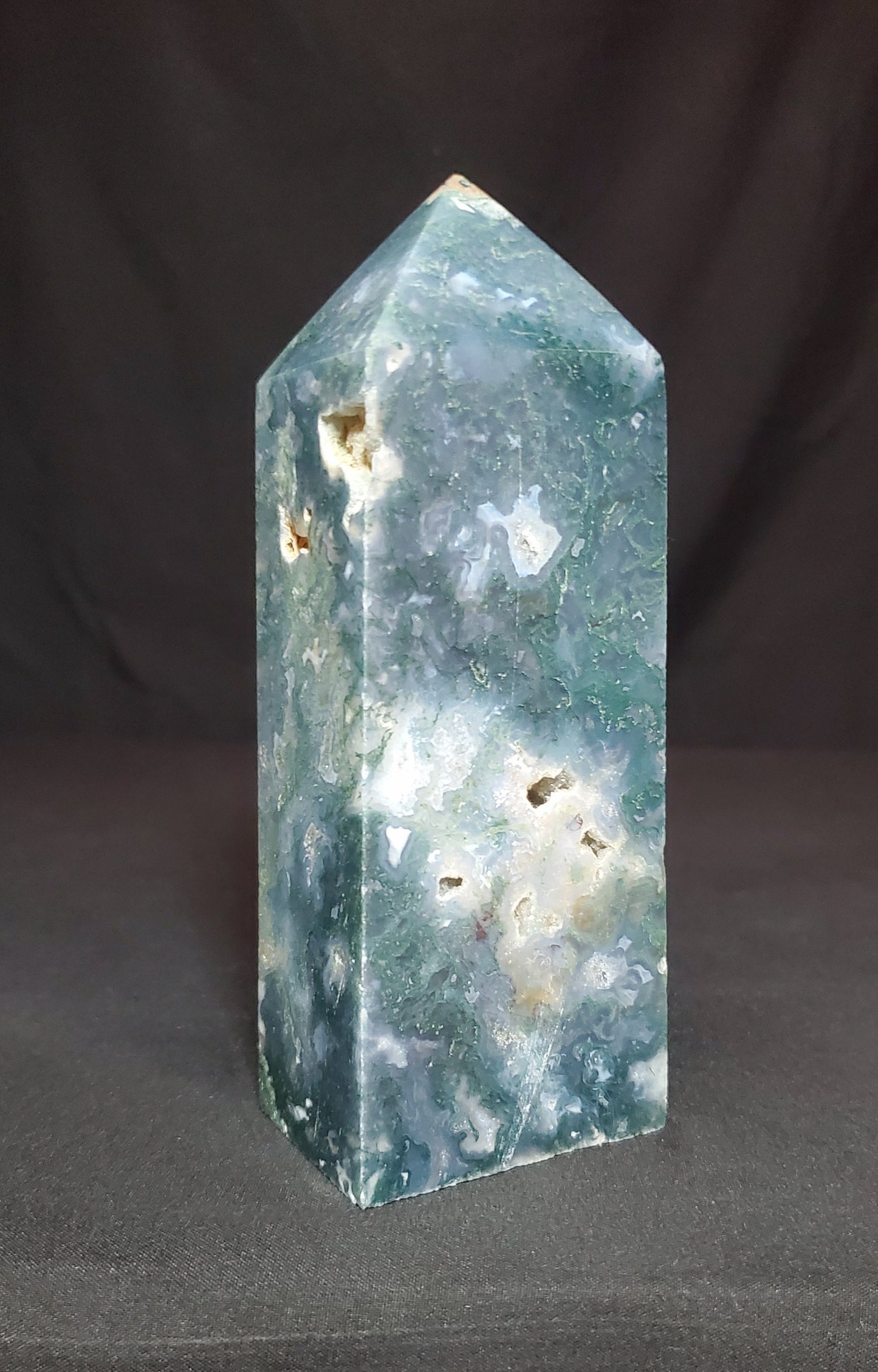 Druzy Moss Agate Tower with Rainbow