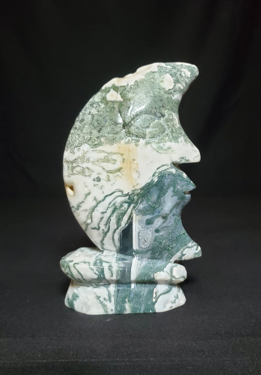 Druzy Moss Agate Moon Carving