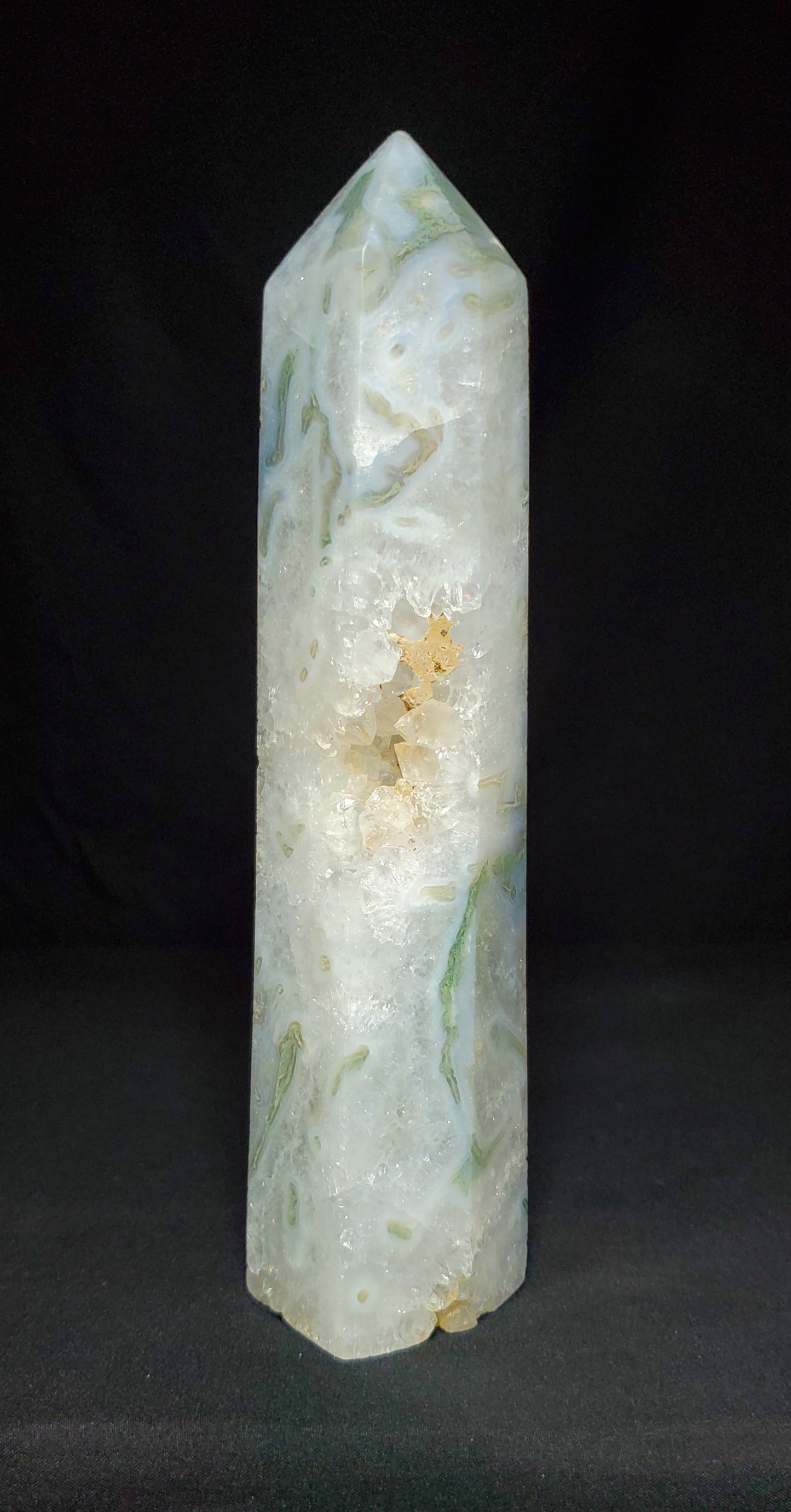 Druzy Moss Agate and Clear Quartz Tower with Rainbow