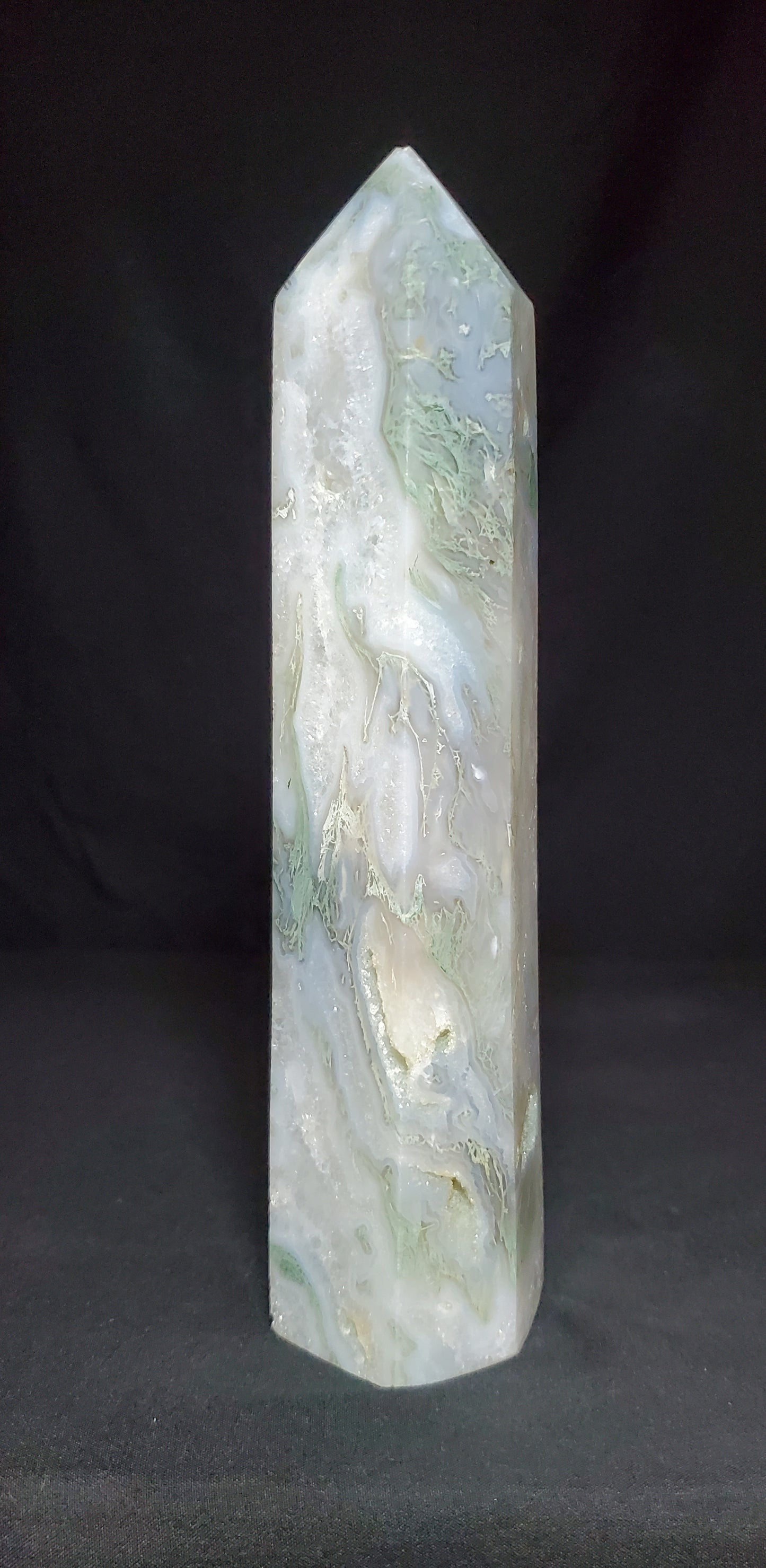 Druzy Moss Agate and Clear Quartz Tower with Rainbow