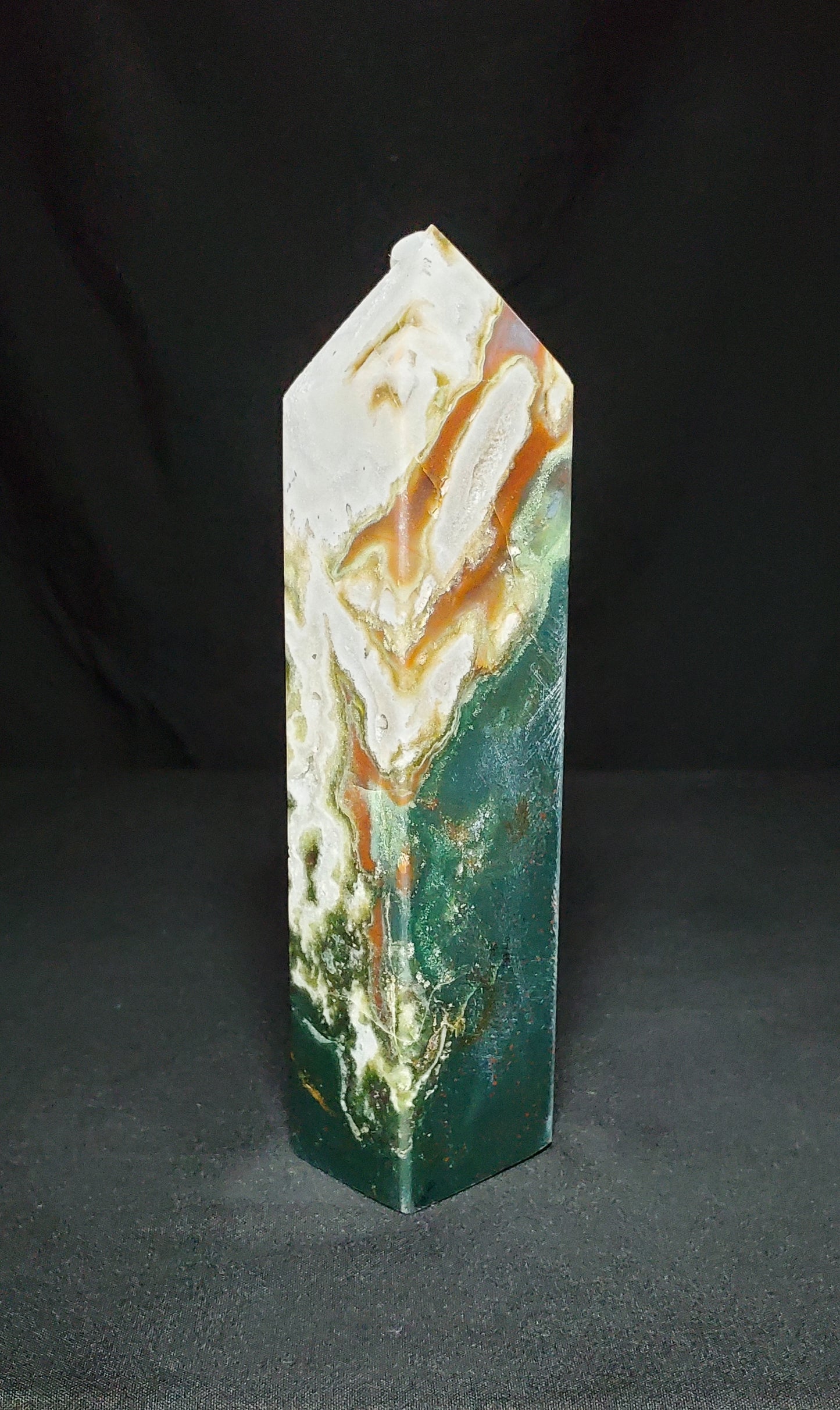 Druzy Moss Agate and Red Agate Tower