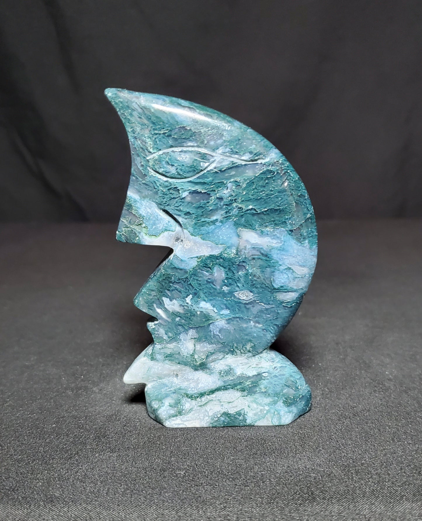 Druzy Moss Agate Moon Carving
