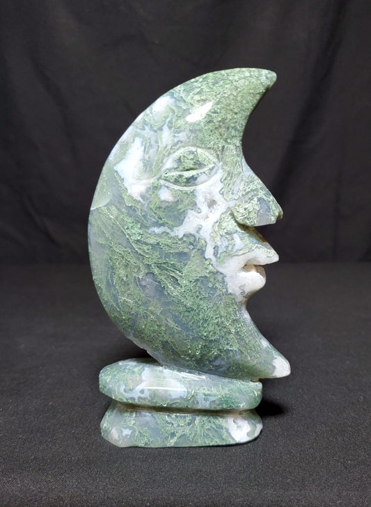 Druzy Moss Agate Moon Carving