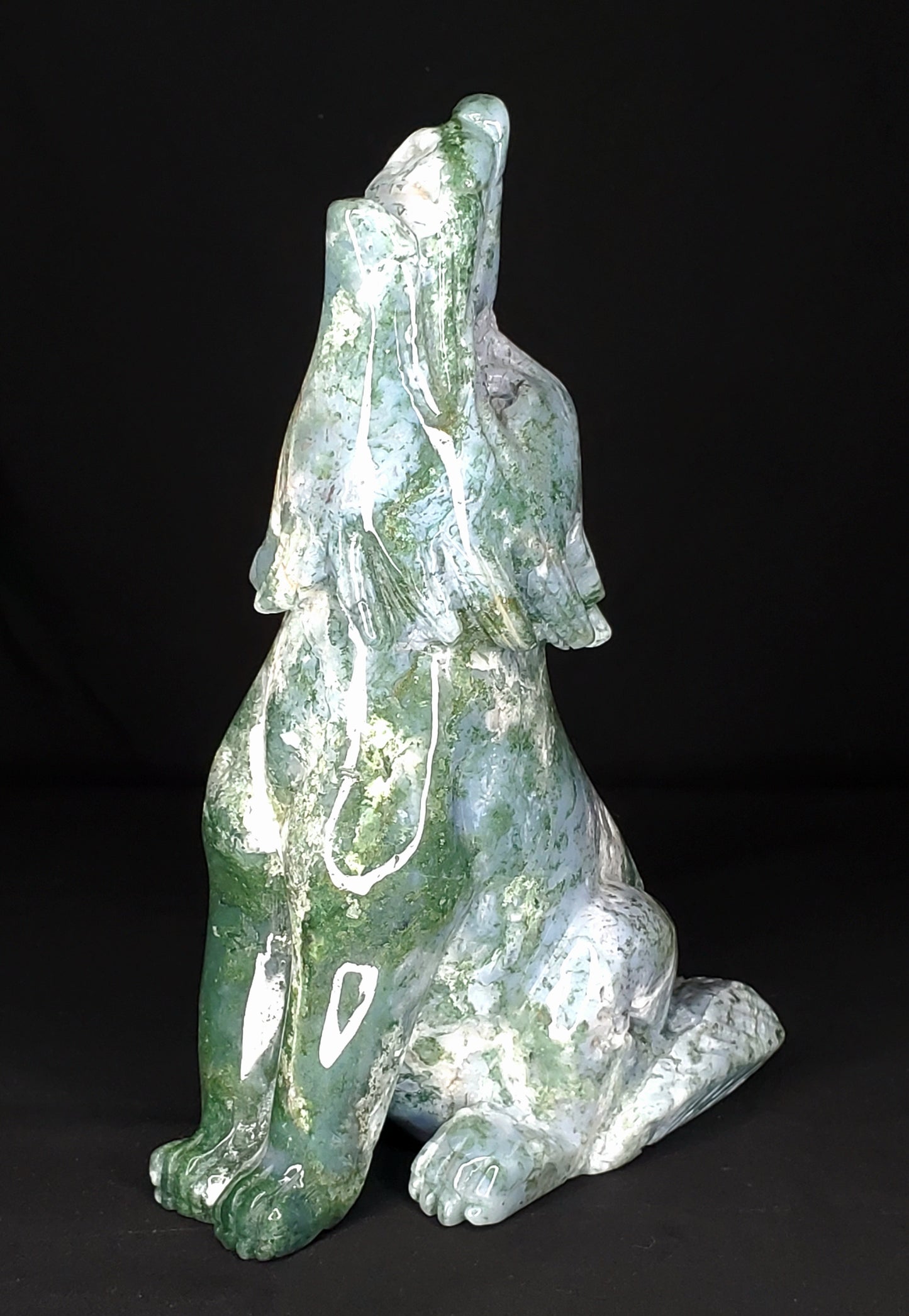 Druzy Moss Agate Wolf Carving #