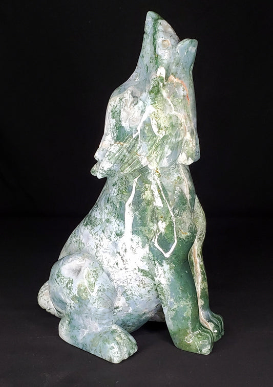 Druzy Moss Agate Wolf Carving #