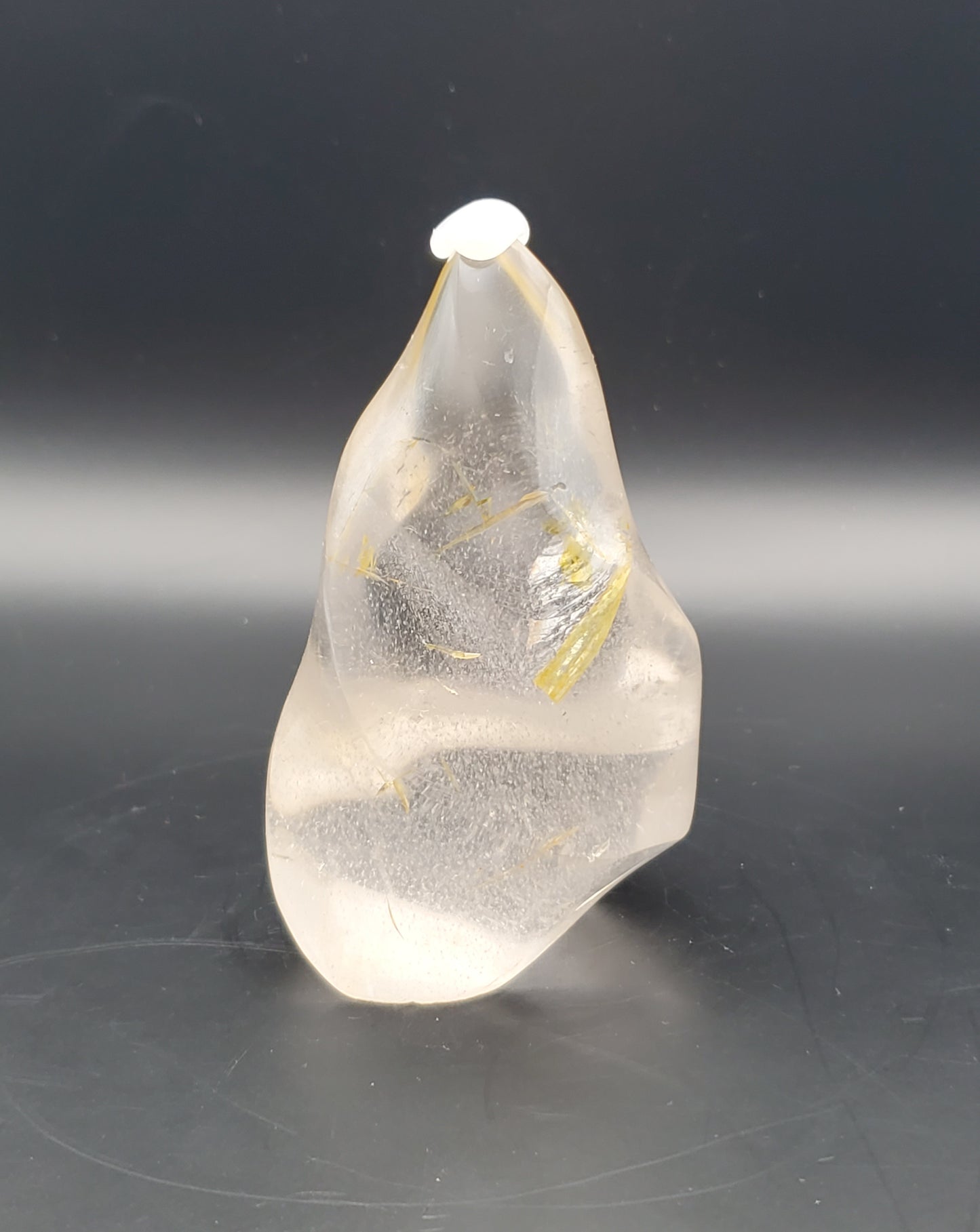 Clear Quartz and Golden Healer Flame Carving with Rainbow