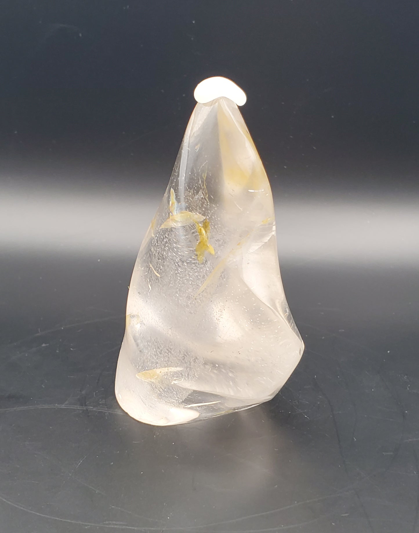 Clear Quartz and Golden Healer Flame Carving with Rainbow