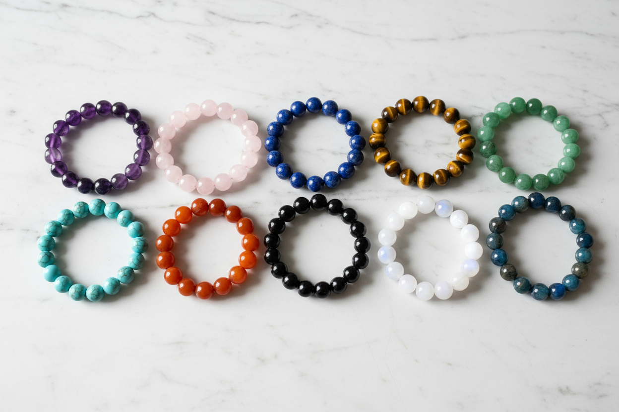 Collection of 8mm crystal bracelets in two rows featuring Amethyst, Rose Quartz, Lapis Lazuli, Tigers Eye, Aventurine, Amazonite, Carnelian, Black Obsidian, Moonstone, and Labradorite