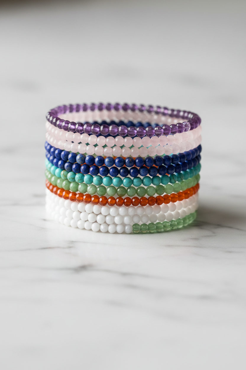 Collection of delicate 4mm crystal bracelets in vertical stack featuring Amethyst, Rose Quartz, Lapis Lazuli, Tigers Eye, Green Aventurine, Amazonite, Carnelian, Black Obsidian, Howlite, and Prehnite