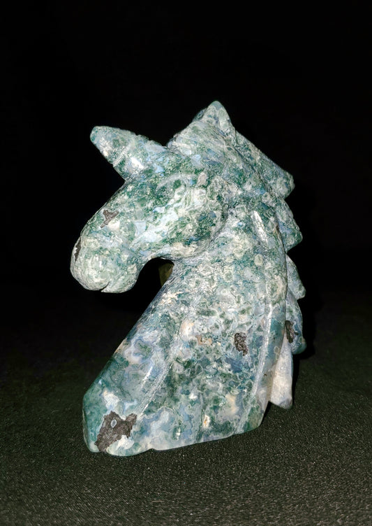 Moss Agate Unicorn Carving