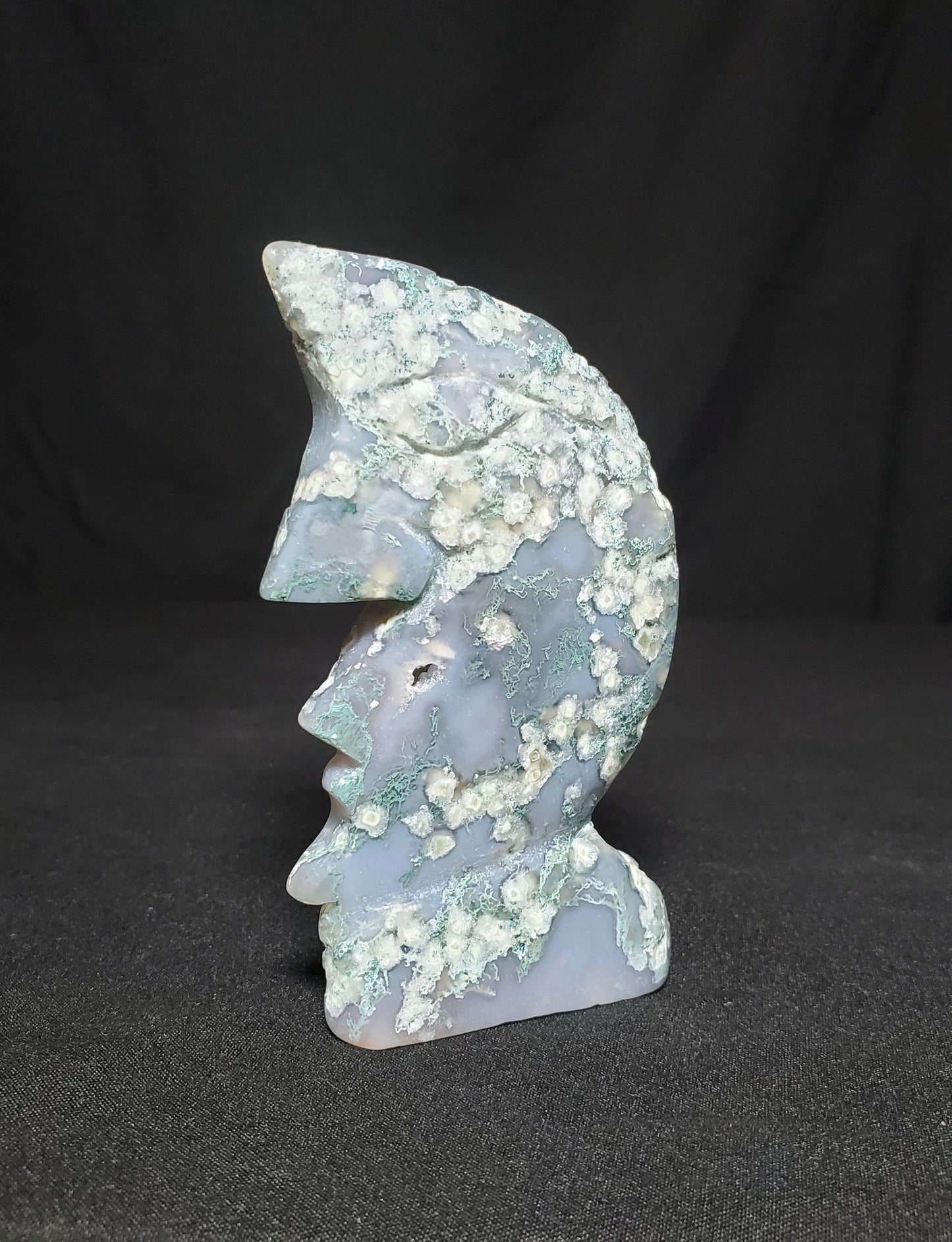 Druzy Moss Agate Moon Carving #