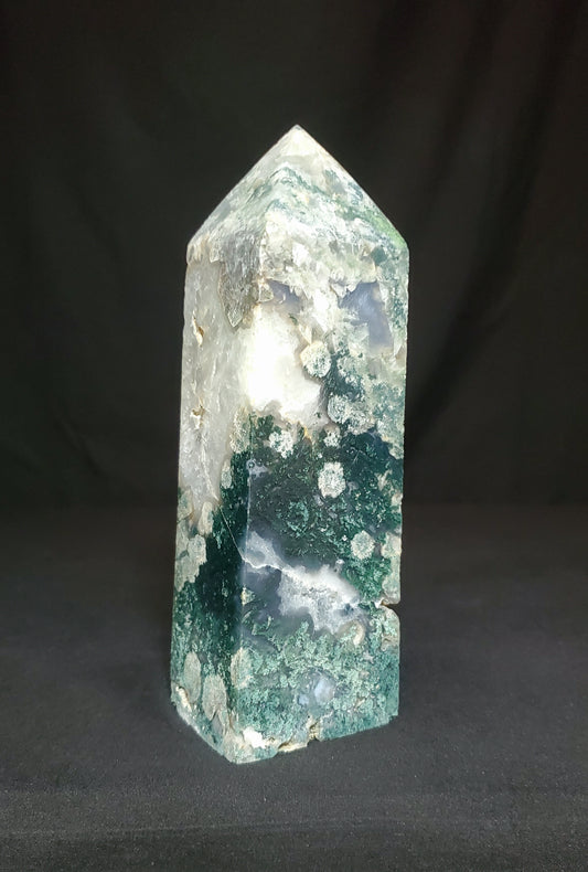 Druzy Moss Agate with Quartz Tower #