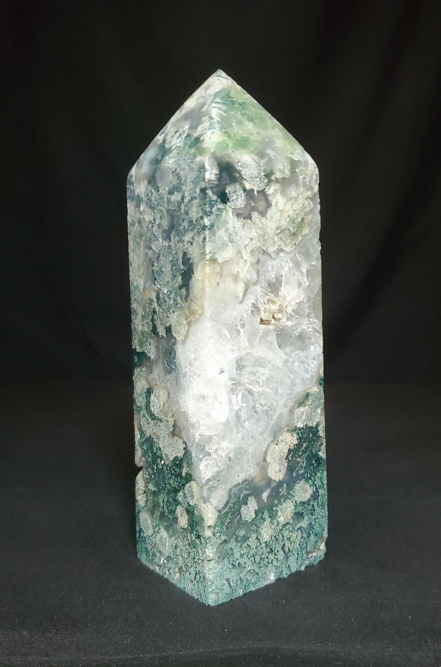 Druzy Moss Agate with Quartz Tower #