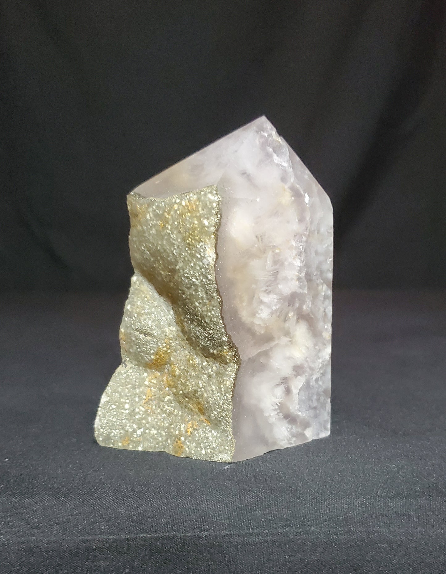 Flower Agate and Pyrite Tower with Rainbow