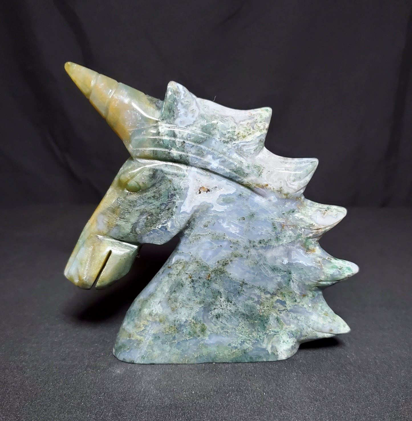 Druzy Moss Agate Unicorn Carving #