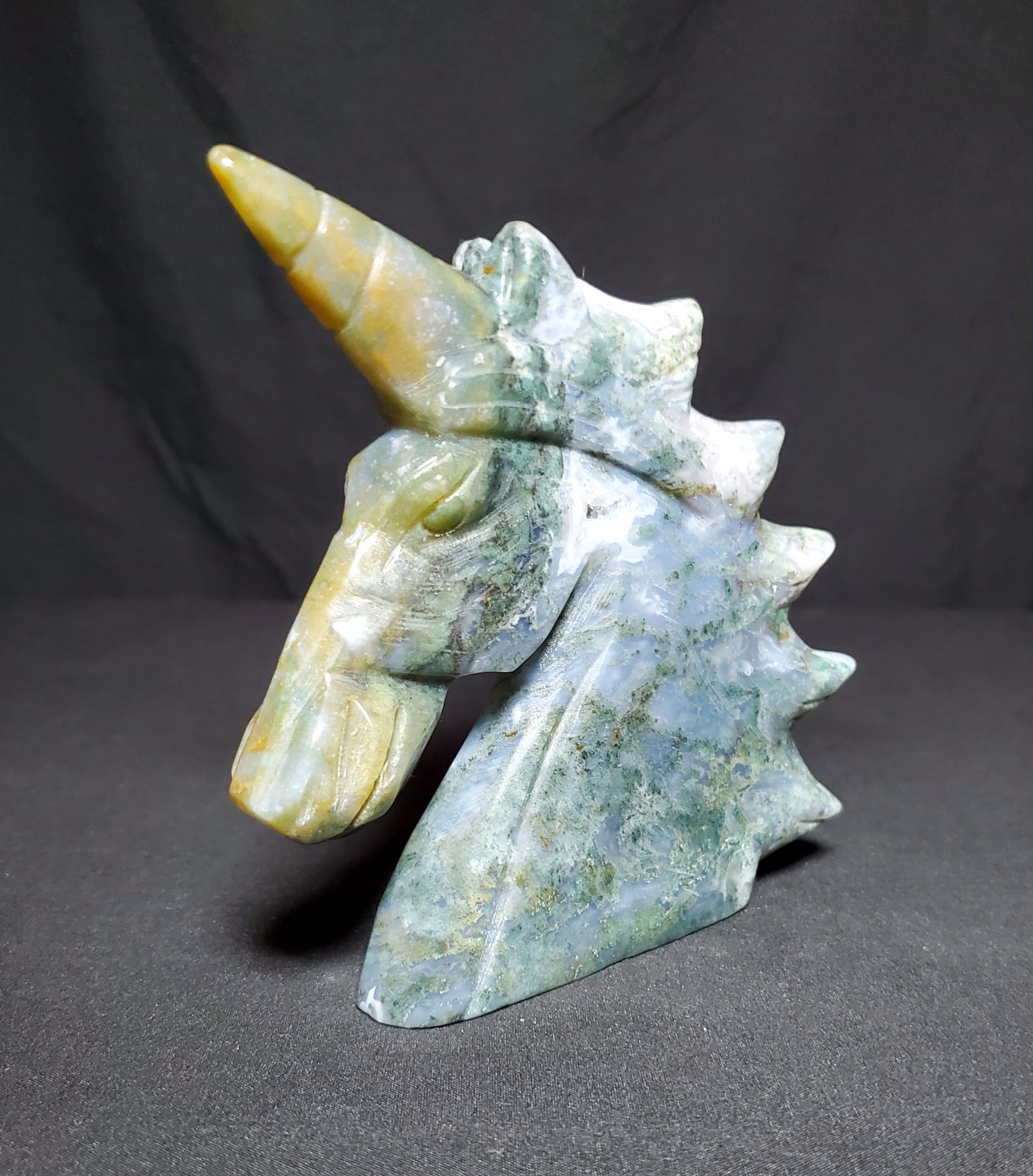 Druzy Moss Agate Unicorn Carving #