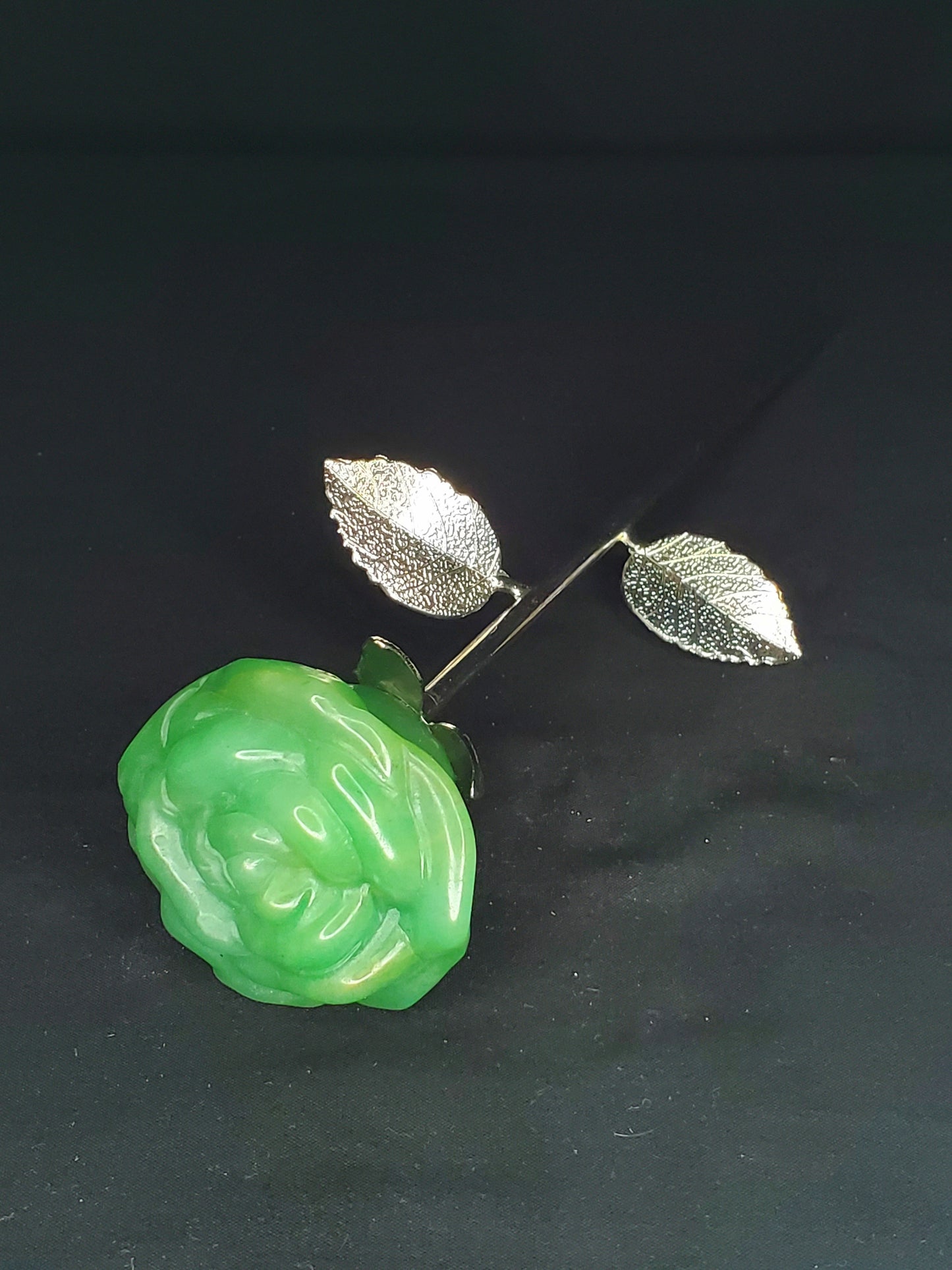 Crystal Rose Carving with Metal Stem