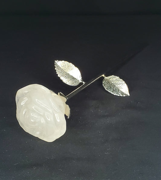 Crystal Rose Carving with Metal Stem